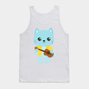 Hawaii Cat, Cute Cat, Blue Cat, Guitar, Luau Tank Top